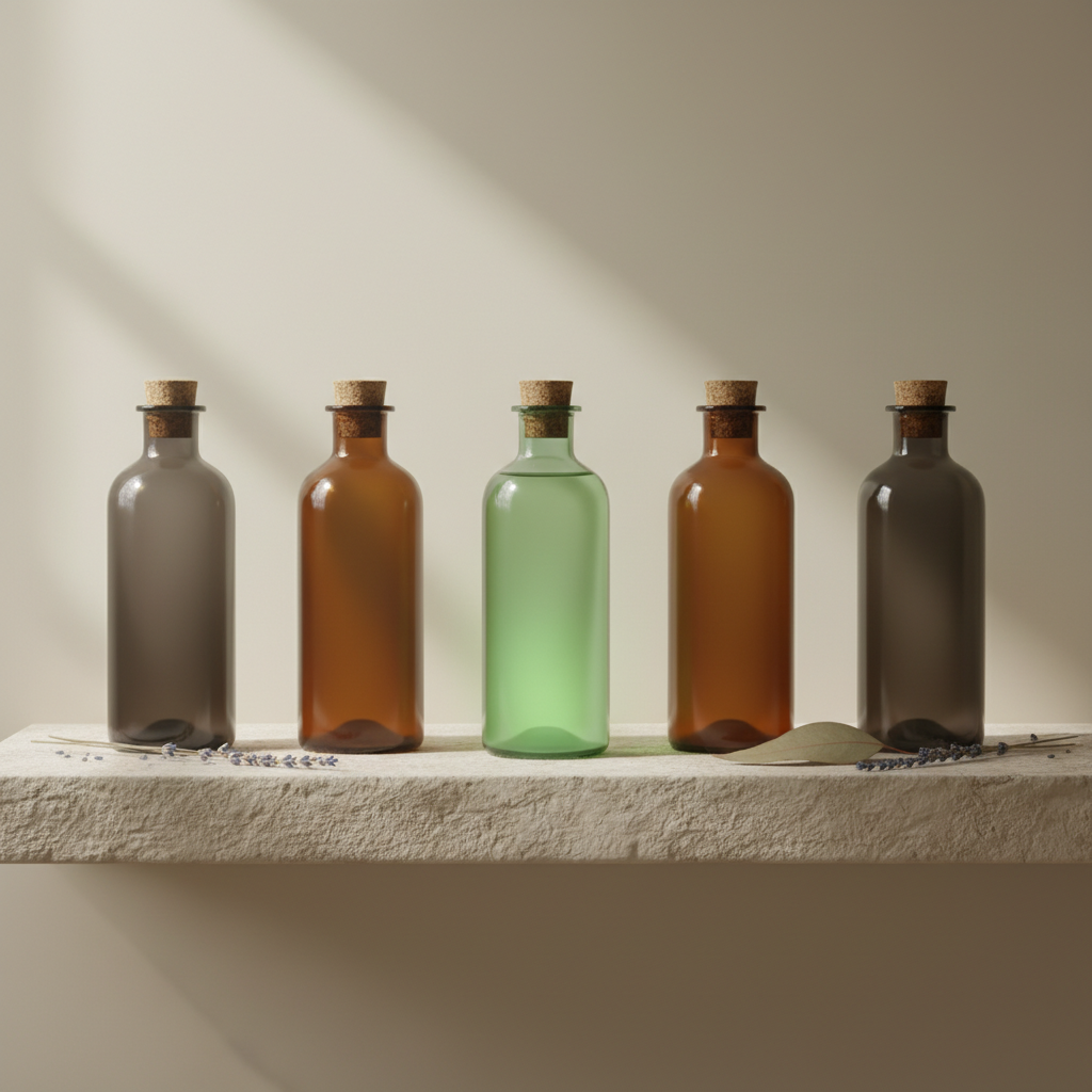 Cinematic row of tall apothecary bottles on a pale stone shelf, the center bottle softly glowing with sage-green liquid inside while others are dim — representing how to choose a beauty SEO company