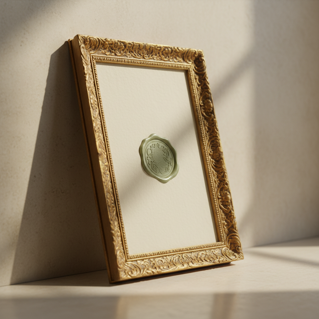 Cinematic ornate antique gold-rimmed certificate frame against a pale travertine wall, blank cream parchment sealed with a sage-green wax seal at the center — representing the FAQ rich result exception for authoritative health sources