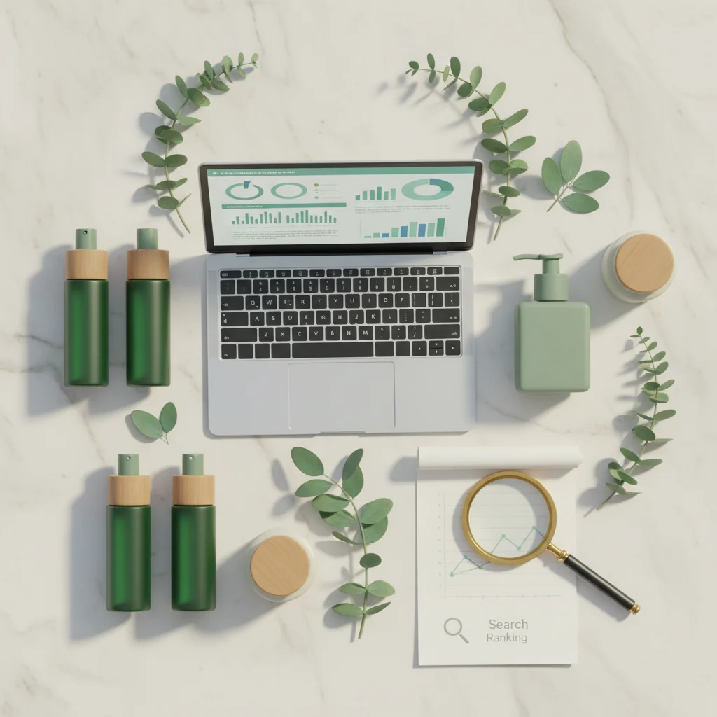 Radiant Rank illustration: beauty brand SEO agency — analytics laptop with skincare products and botanical sprigs in forest green and sage wellness editorial style