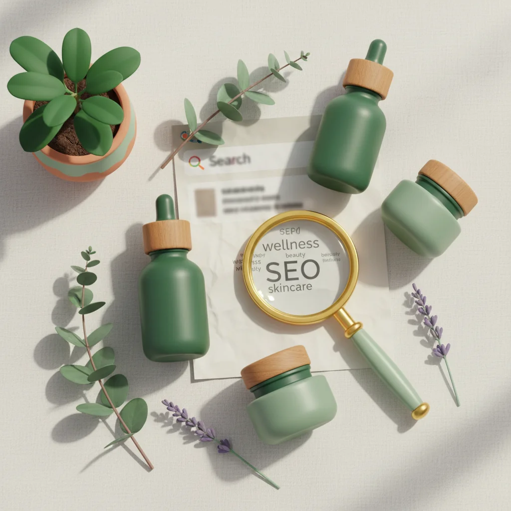 Radiant Rank illustration: beauty SEO company — skincare flat-lay with magnifying glass on search results in forest green and sage wellness editorial style