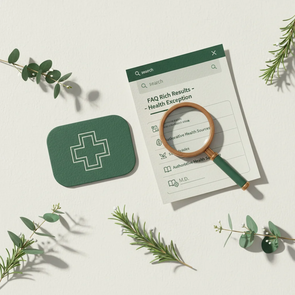Radiant Rank illustration: FAQ rich results health exception — certificate card with medical cross and search results in forest green and sage wellness editorial style