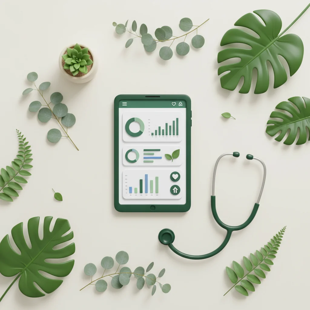 Radiant Rank illustration: health platform SEO — tablet with health app dashboard, stethoscope and botanical leaves in forest green and sage wellness editorial style