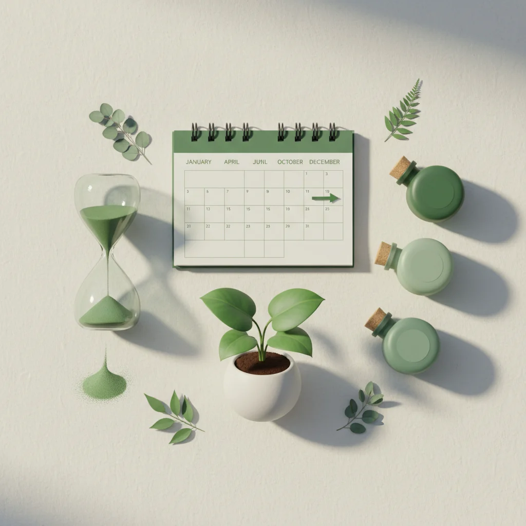 Radiant Rank illustration: how long does health and beauty SEO take — calendar timeline with hourglass and growing plant in forest green and sage wellness editorial style