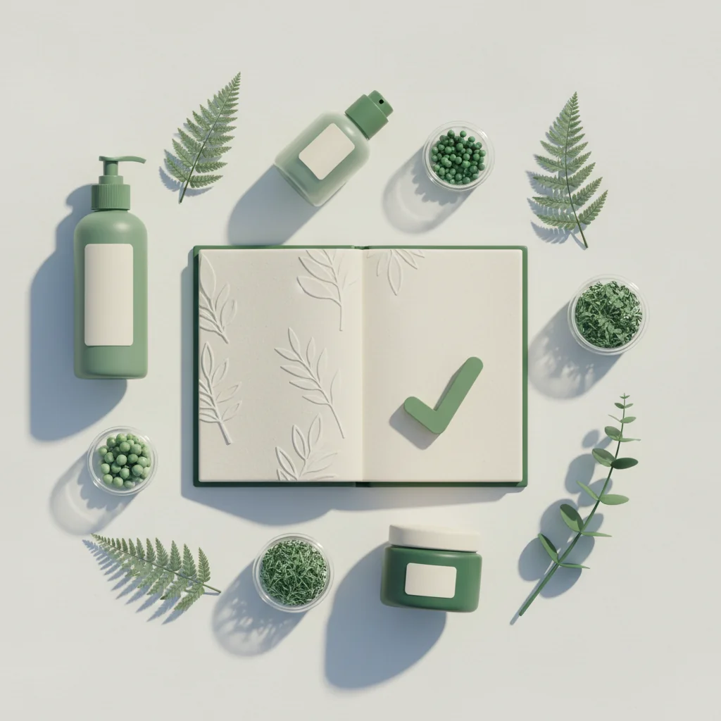 Radiant Rank illustration: SEO playbook for health and beauty brands 2026 — open guide with skincare products and botanical sprigs in forest green and sage wellness editorial style