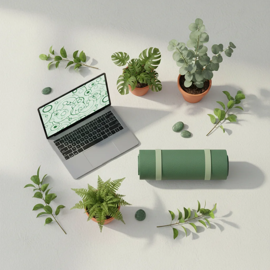 Radiant Rank illustration: SEO for health and wellness brands — yoga mat, potted plants and laptop in forest green and sage wellness editorial style