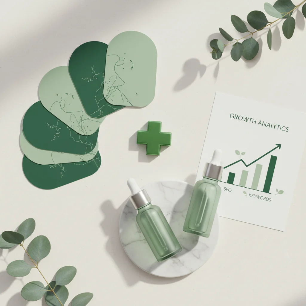 Radiant Rank illustration: SEO for health brands — brand identity cards, health cross badge and dropper bottles in forest green and sage wellness editorial style