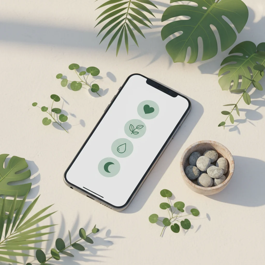 Radiant Rank illustration: SEO for wellness apps — smartphone with wellness app interface and botanical elements in forest green and sage wellness editorial style