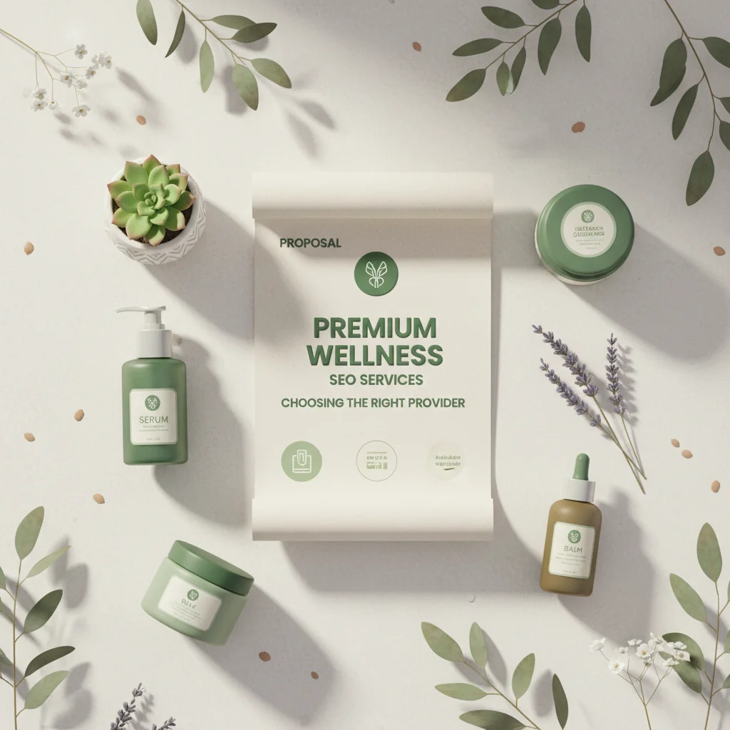 Radiant Rank illustration: wellness SEO services — proposal document with wellness products and botanical sprigs in forest green and sage wellness editorial style