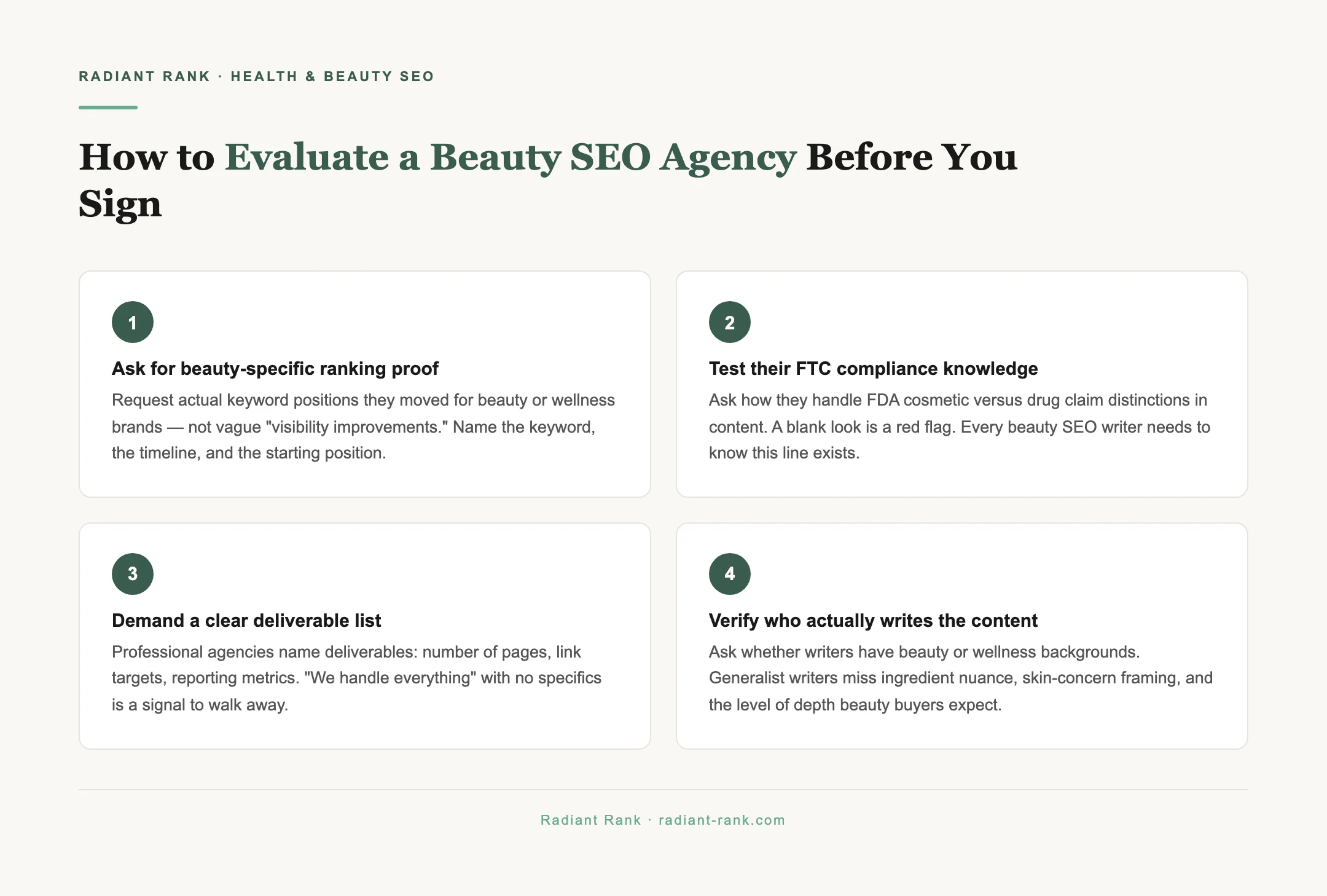 Radiant Rank tip graphic: How to Evaluate a Beauty SEO Agency Before You Sign — source: Radiant Rank — radiant-rank.com