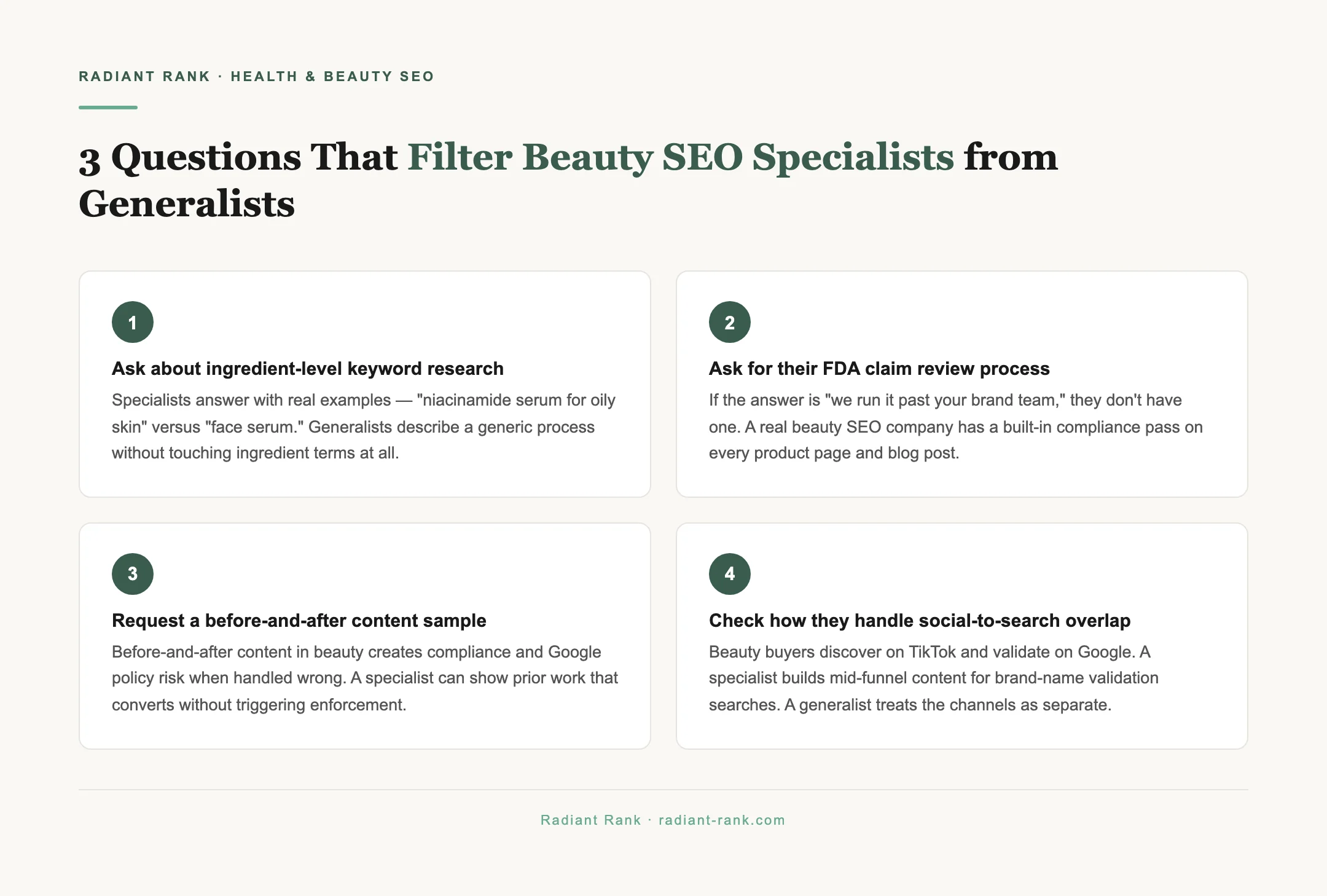 Radiant Rank tip graphic: 3 Questions That Filter Beauty SEO Specialists from Generalists — source: Radiant Rank — radiant-rank.com