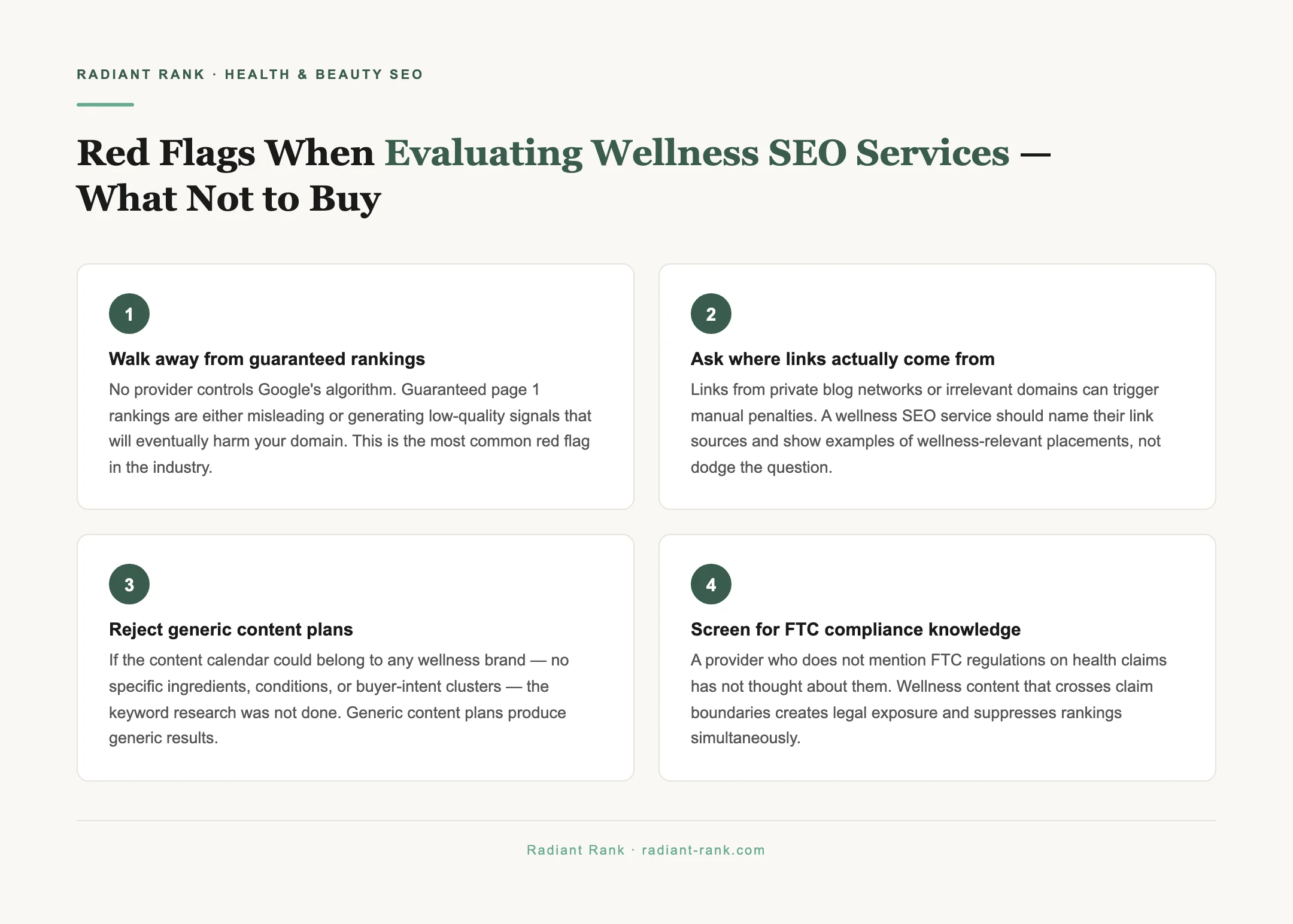 Radiant Rank tip graphic: Red Flags When Evaluating Wellness SEO Services — What Not to Buy — source: Radiant Rank — radiant-rank.com